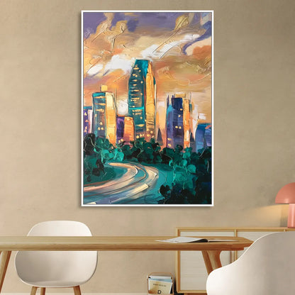 Raleigh Contemporary Cityscape Living Room - White Canvas Wall Art