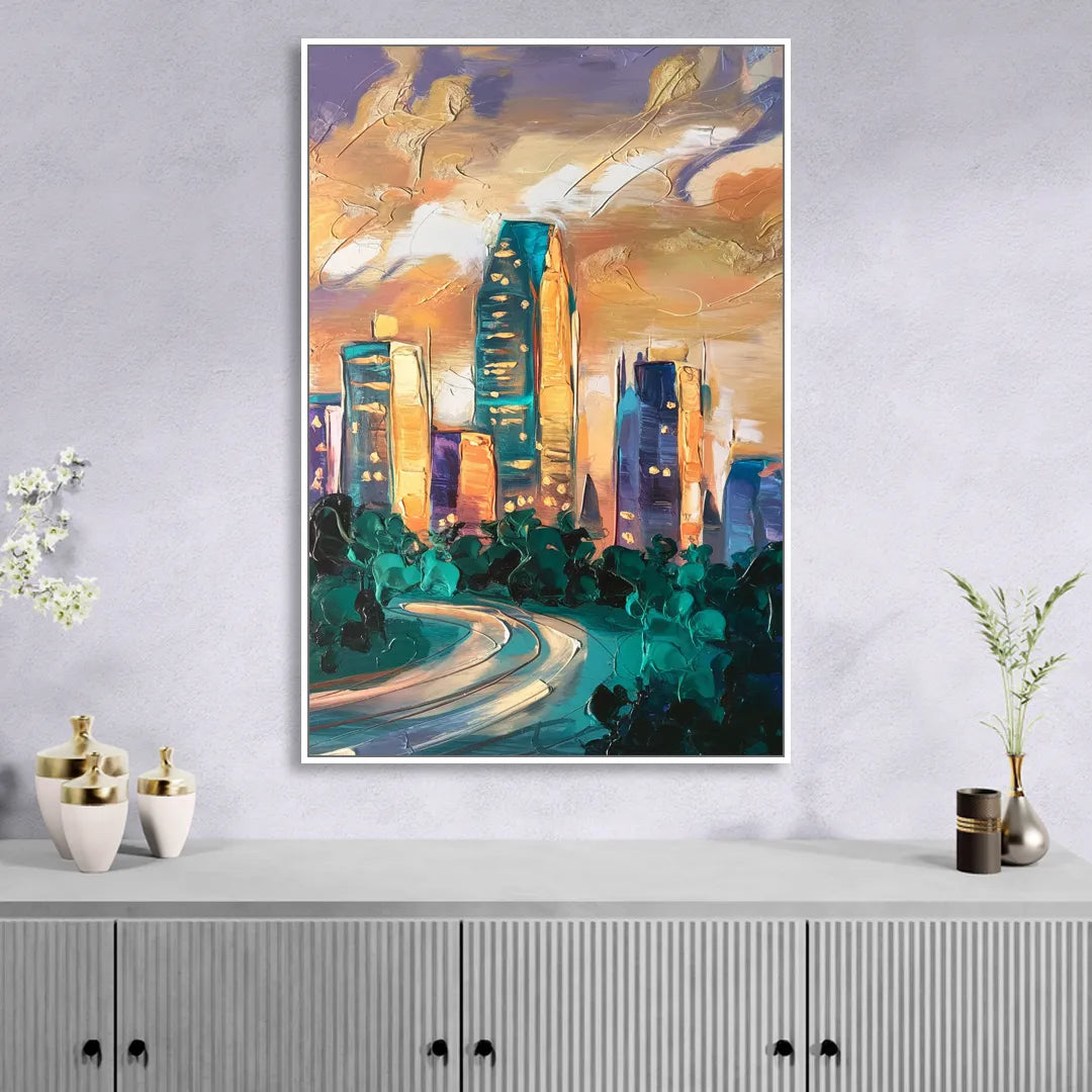 Raleigh Contemporary Cityscape Sitting Room - White Canvas Wall Art