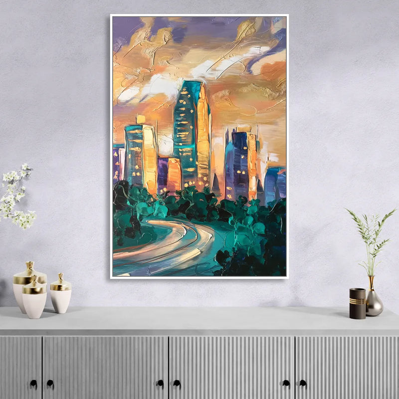 Raleigh Contemporary Cityscape Sitting Room - White Canvas Wall Art