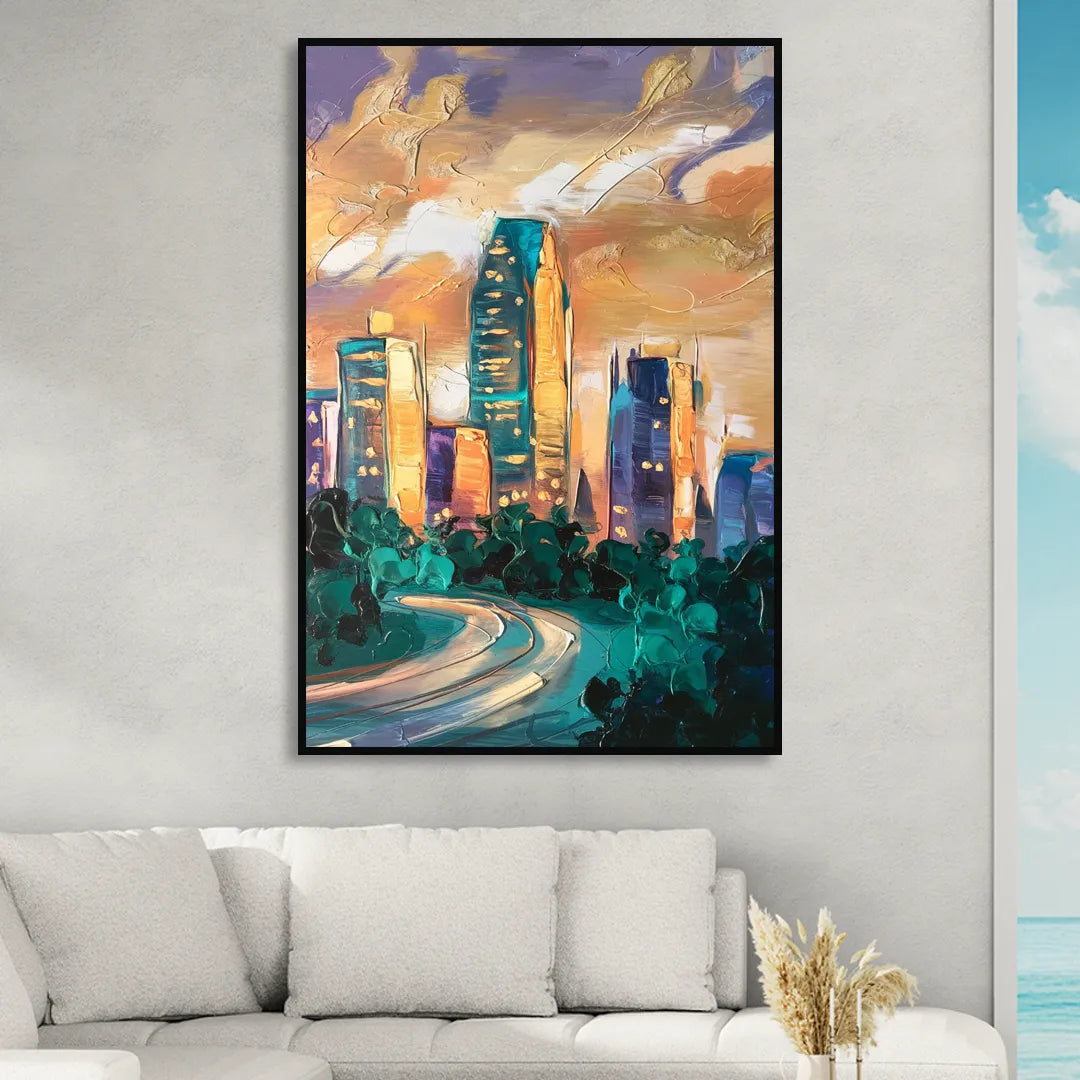 Raleigh Contemporary Cityscape Living Room - Black Canvas Wall Art