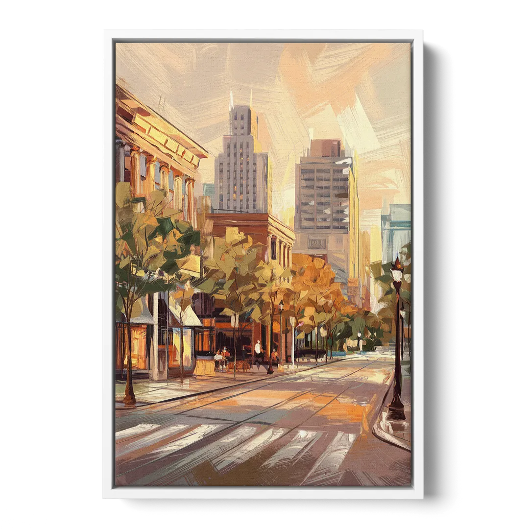 Raleigh Downtown Streetscape Front - White Canvas Wall Art