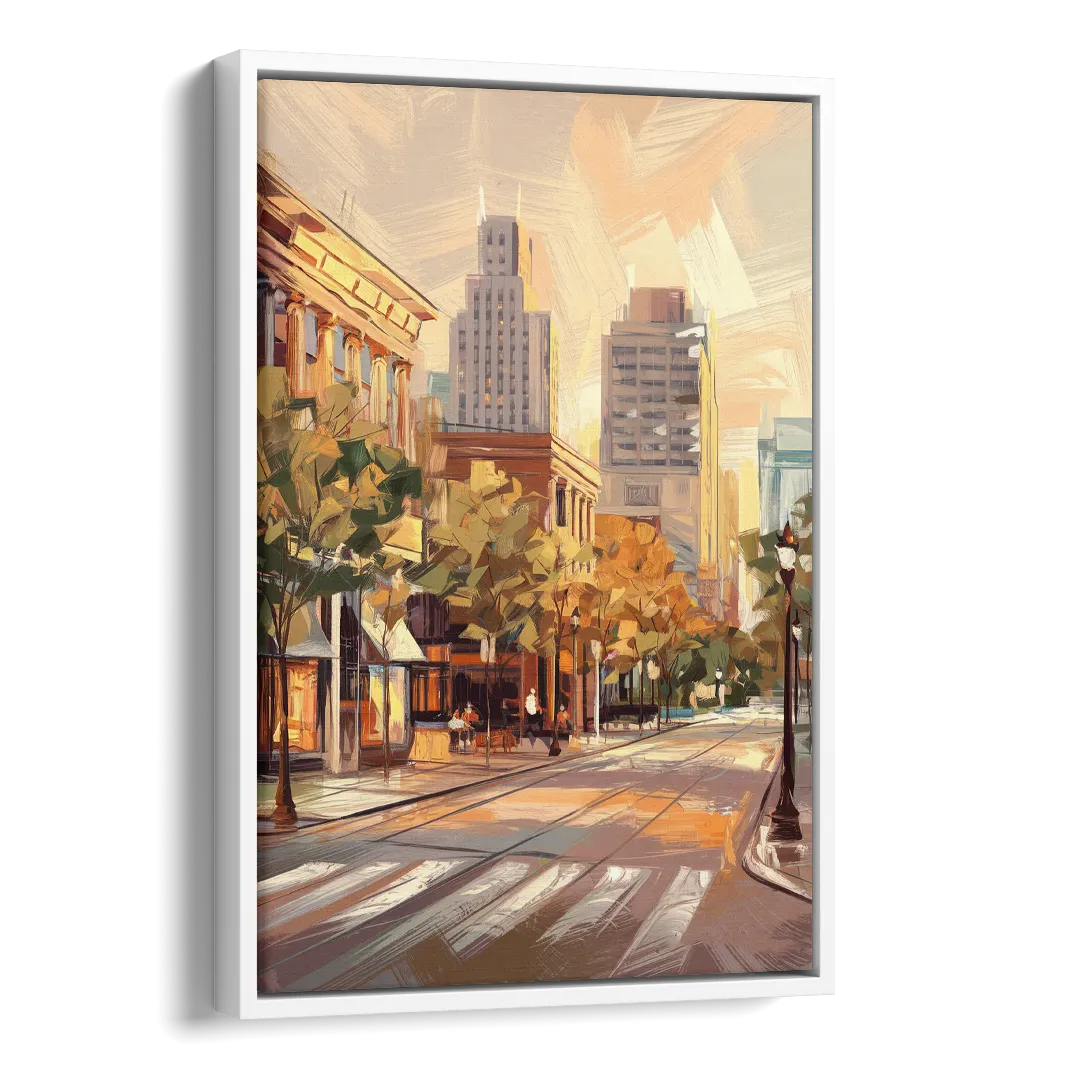 Raleigh Downtown Streetscape Side - White Canvas Wall Art