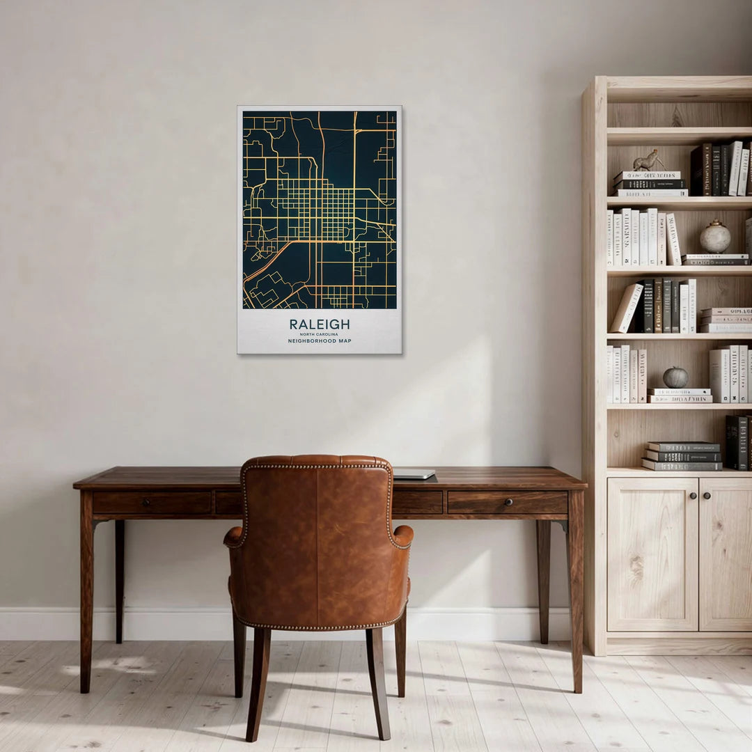 Raleigh Neighborhood Map - Canvas Wall Art - Office - 24x36