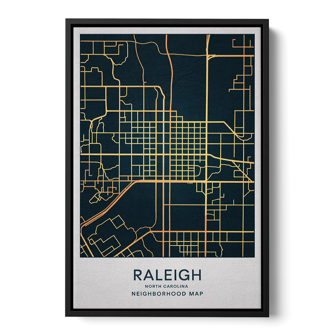 Raleigh Neighborhood Map Front - Black Canvas Wall Art