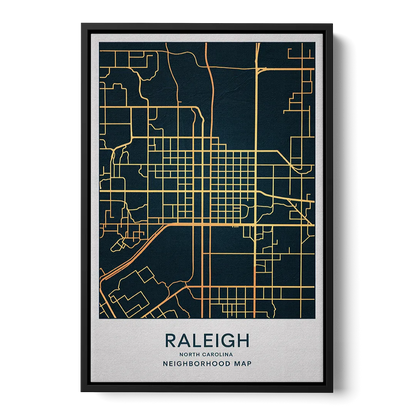 Raleigh Neighborhood Map Front - Black Canvas Wall Art