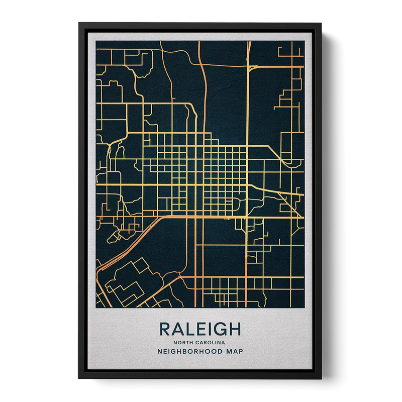 Raleigh Neighborhood Map Front - Black Canvas Wall Art