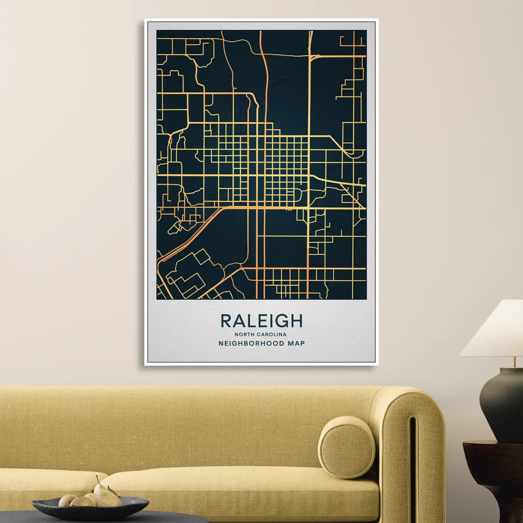 Raleigh Neighborhood Map Sitting Room - White Canvas Wall Art