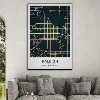 Raleigh Neighborhood Map Sitting Room - Black Canvas Wall Art