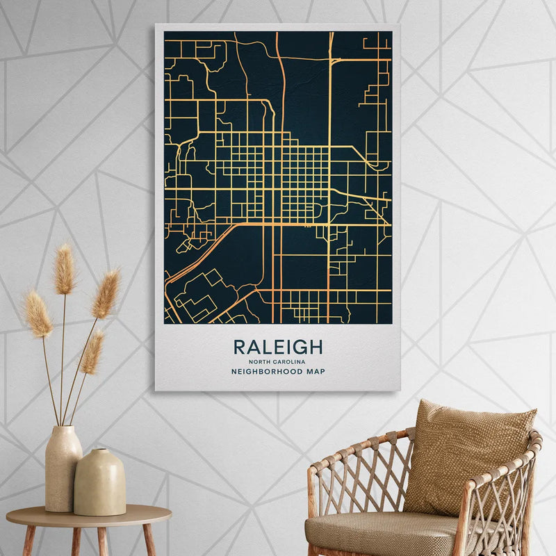 Raleigh Neighborhood Map Living Room - Canvas Wall Art