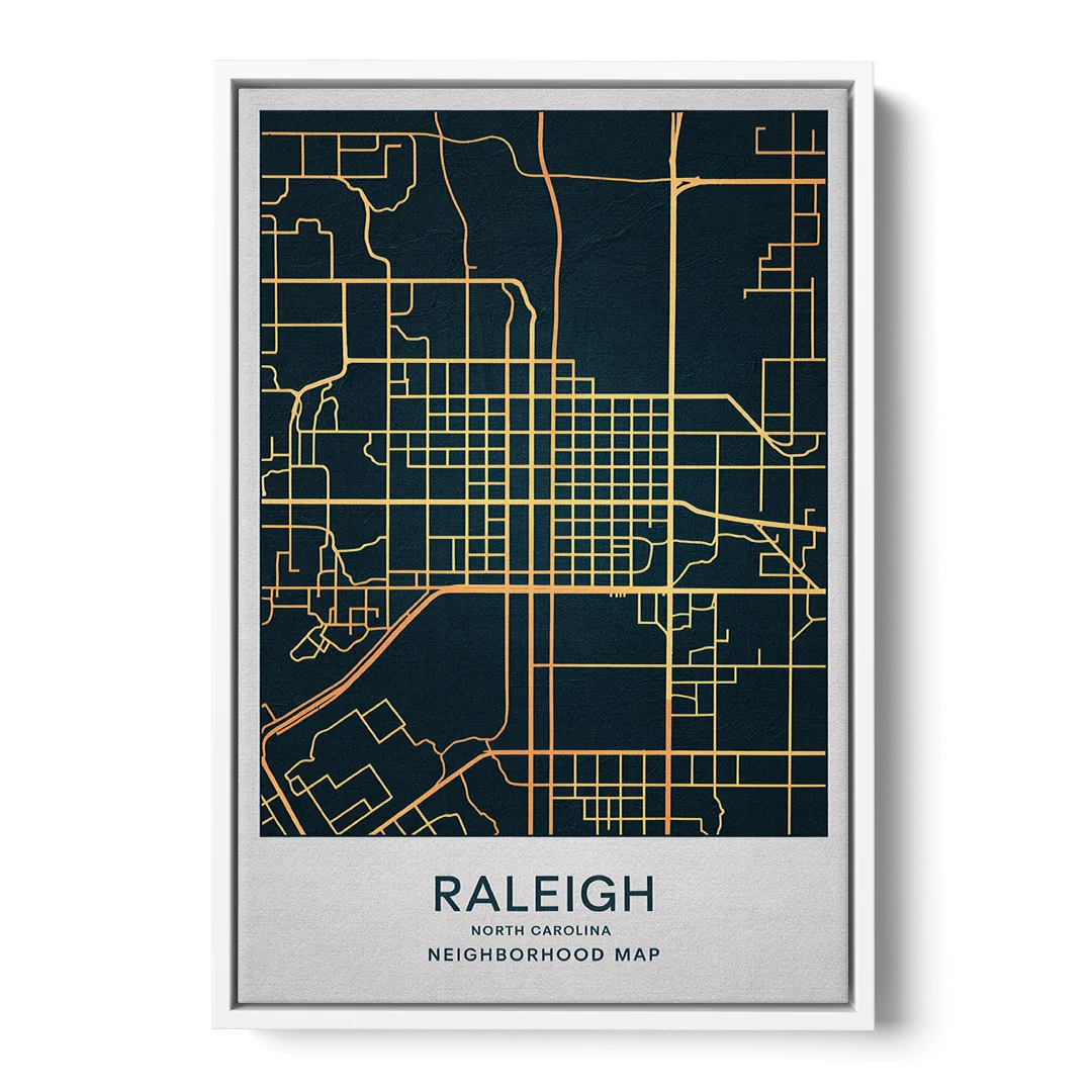 Raleigh Neighborhood Map Front - White Canvas Wall Art