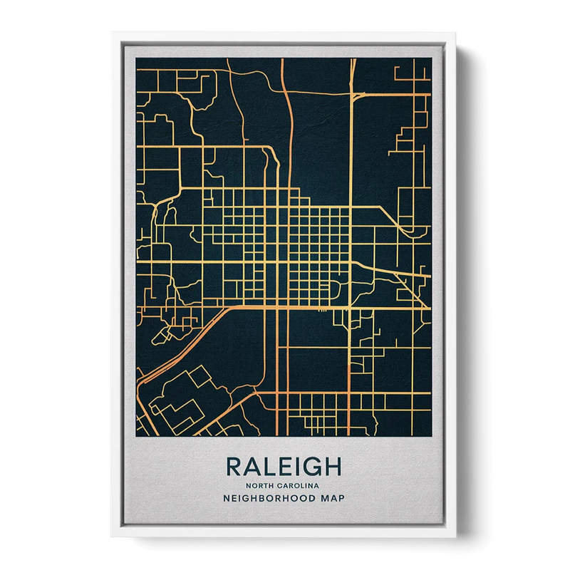 Raleigh Neighborhood Map Front - White Canvas Wall Art