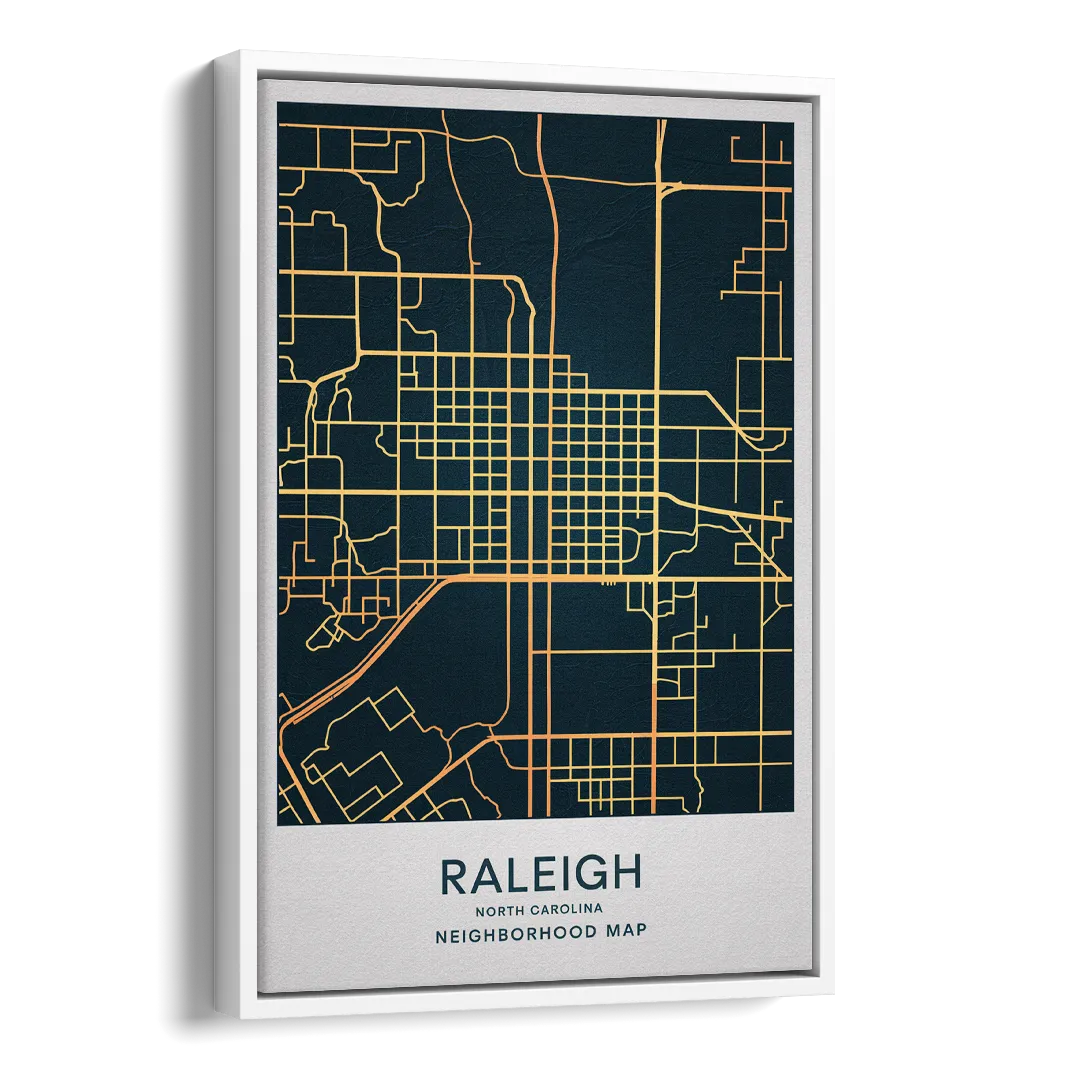 Raleigh Neighborhood Map Side - White Canvas Wall Art