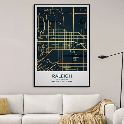 Raleigh Neighborhood Map Living Room - Black Canvas Wall Art