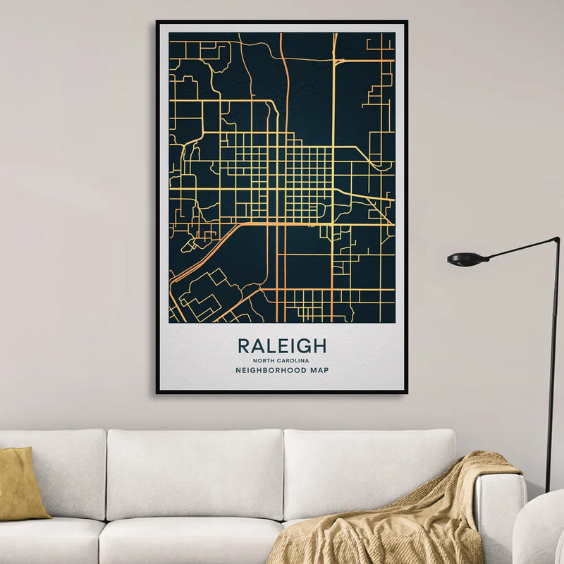 Raleigh Neighborhood Map Living Room - Black Canvas Wall Art