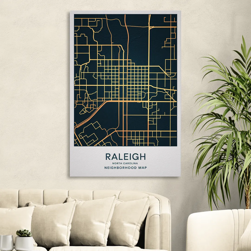 Raleigh Neighborhood Map Sitting Room - Canvas Wall Art