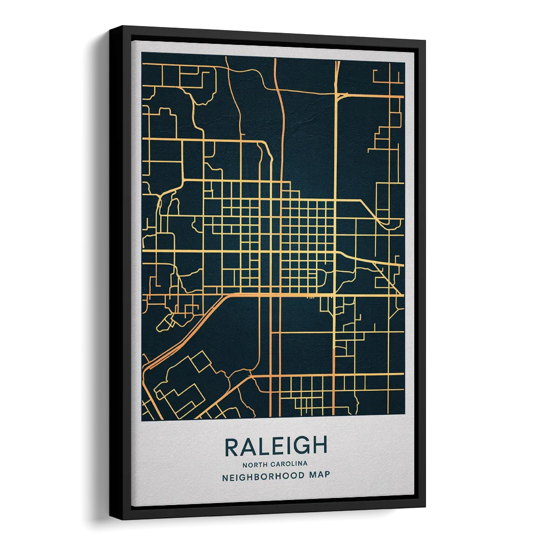 Raleigh Neighborhood Map Side - Black Canvas Wall Art