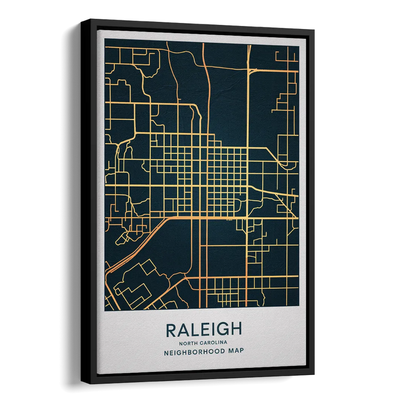 Raleigh Neighborhood Map Side - Black Canvas Wall Art