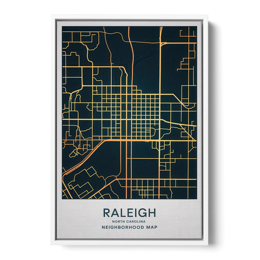 Raleigh Neighborhood Map - White Framed Canvas Wall Art - Front