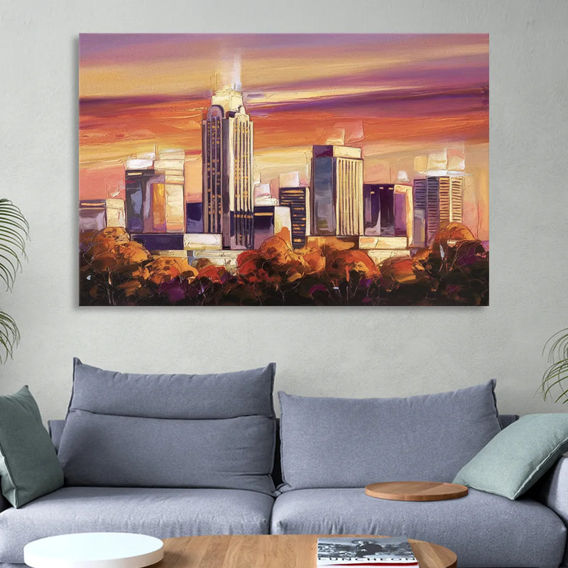 Raleigh Skyline Sunset Sitting Room - Canvas Wall Art