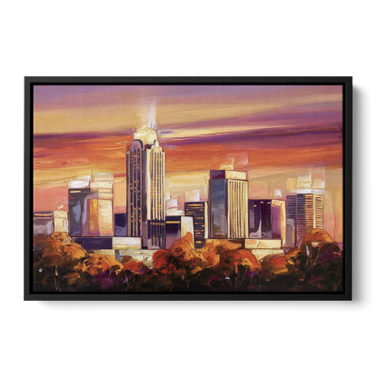 Raleigh Skyline Sunset Front - Black Canvas Wall Art