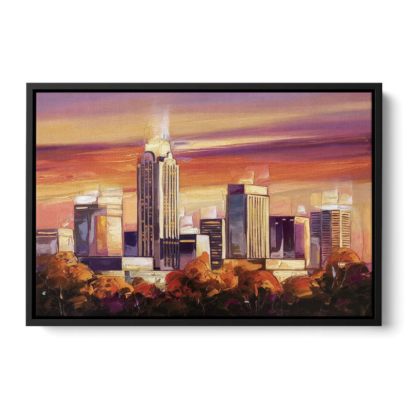 Raleigh Skyline Sunset Front - Black Canvas Wall Art
