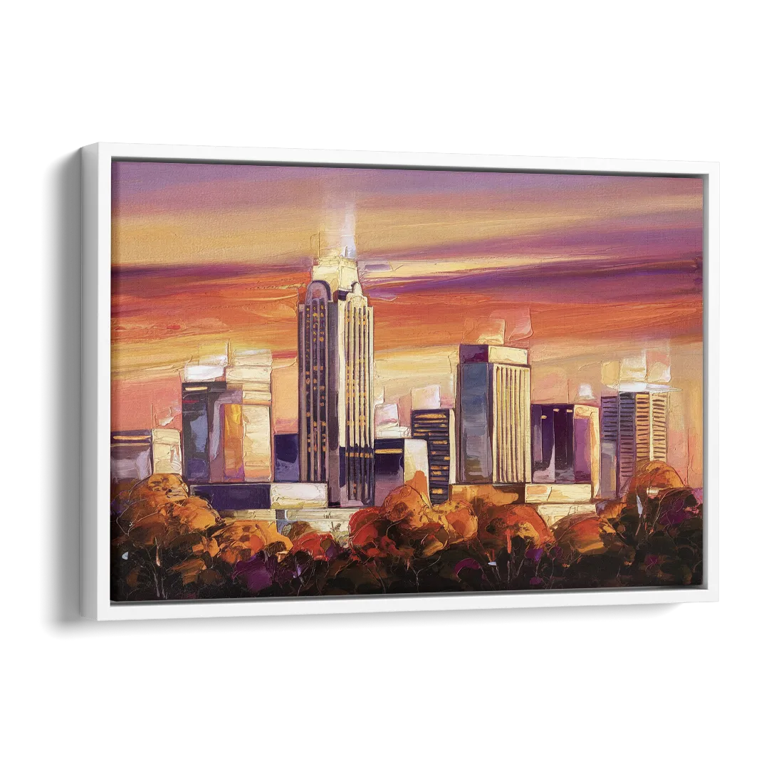 Raleigh Skyline Sunset Side - White Canvas Wall Art