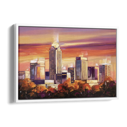 Raleigh Skyline Sunset Side - White Canvas Wall Art