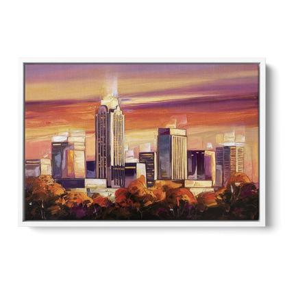 Raleigh Skyline Sunset Front - White Canvas Wall Art