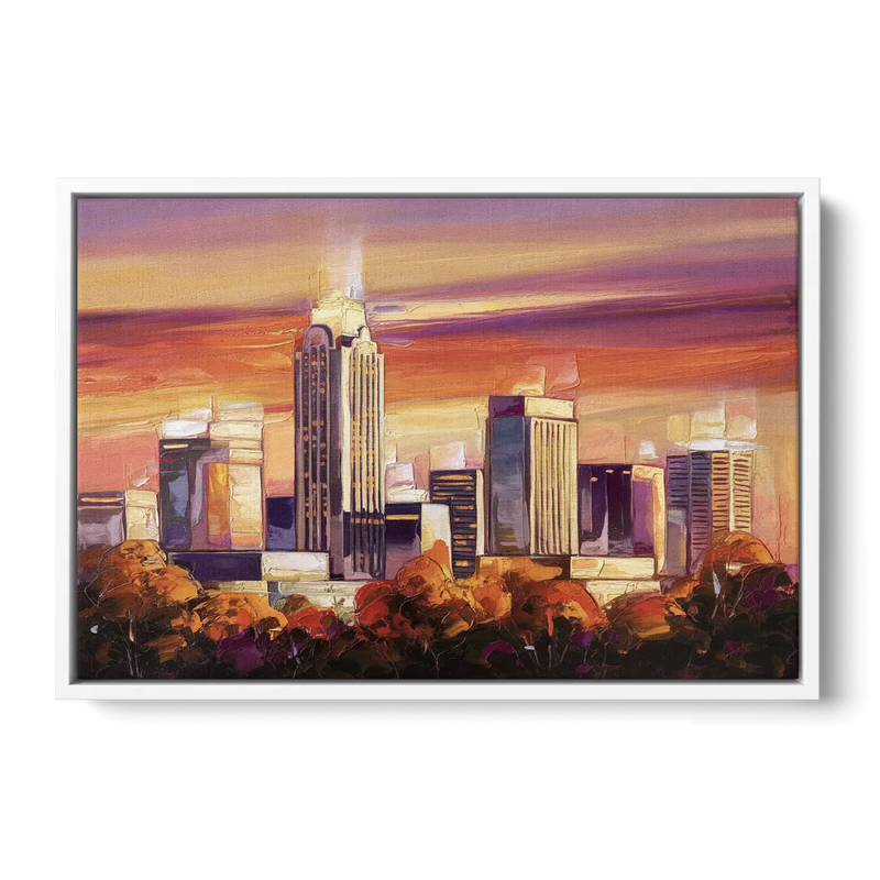 Raleigh Skyline Sunset Front - White Canvas Wall Art