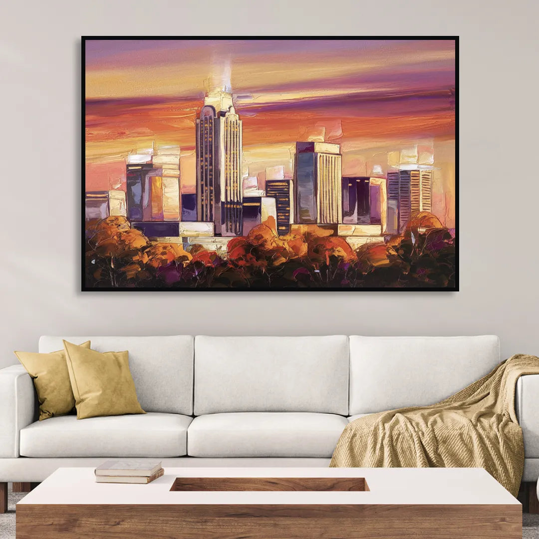 Raleigh Skyline Sunset Sitting Room - Black Canvas Wall Art