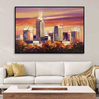 Raleigh Skyline Sunset Sitting Room - Black Canvas Wall Art