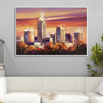 Raleigh Skyline Sunset Living Room - White Canvas Wall Art