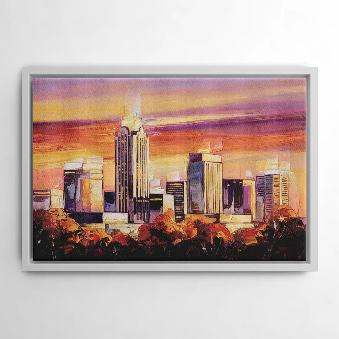 Raleigh Skyline Sunset - White Frame Canvas