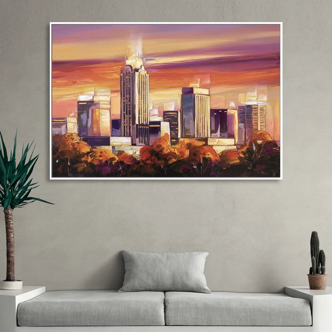 Raleigh Skyline Sunset Sitting Room - White Canvas Wall Art