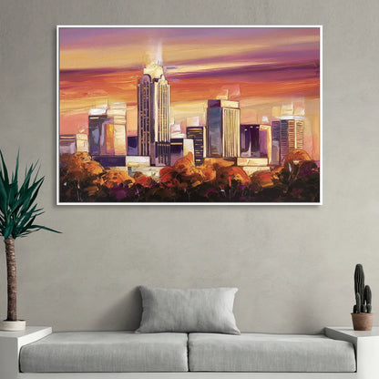 Raleigh Skyline Sunset Sitting Room - White Canvas Wall Art