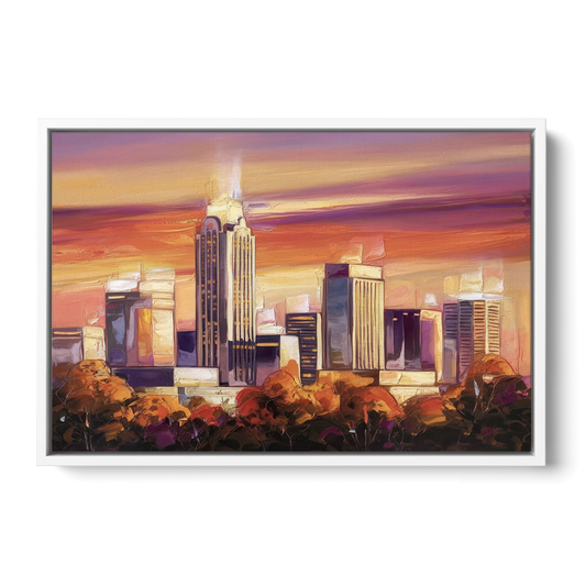 Raleigh Skyline Sunset - White Framed Canvas Wall Art - Front