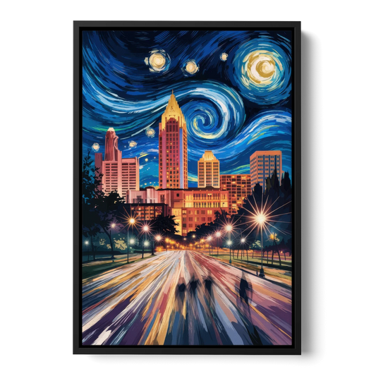 Raleigh Urban Night Lights - Black Framed Canvas Wall Art - Front