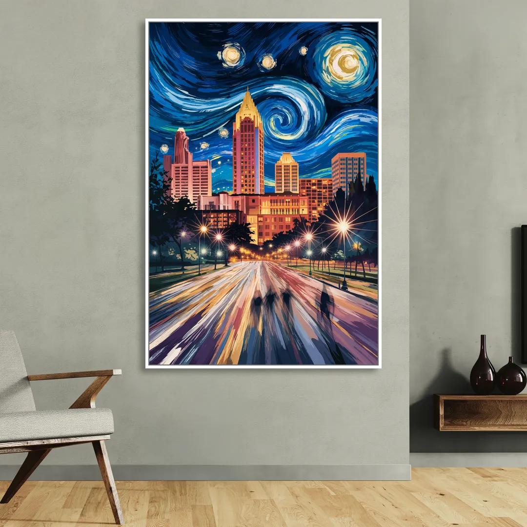 Raleigh Urban Night Lights Living Room - White Canvas Wall Art