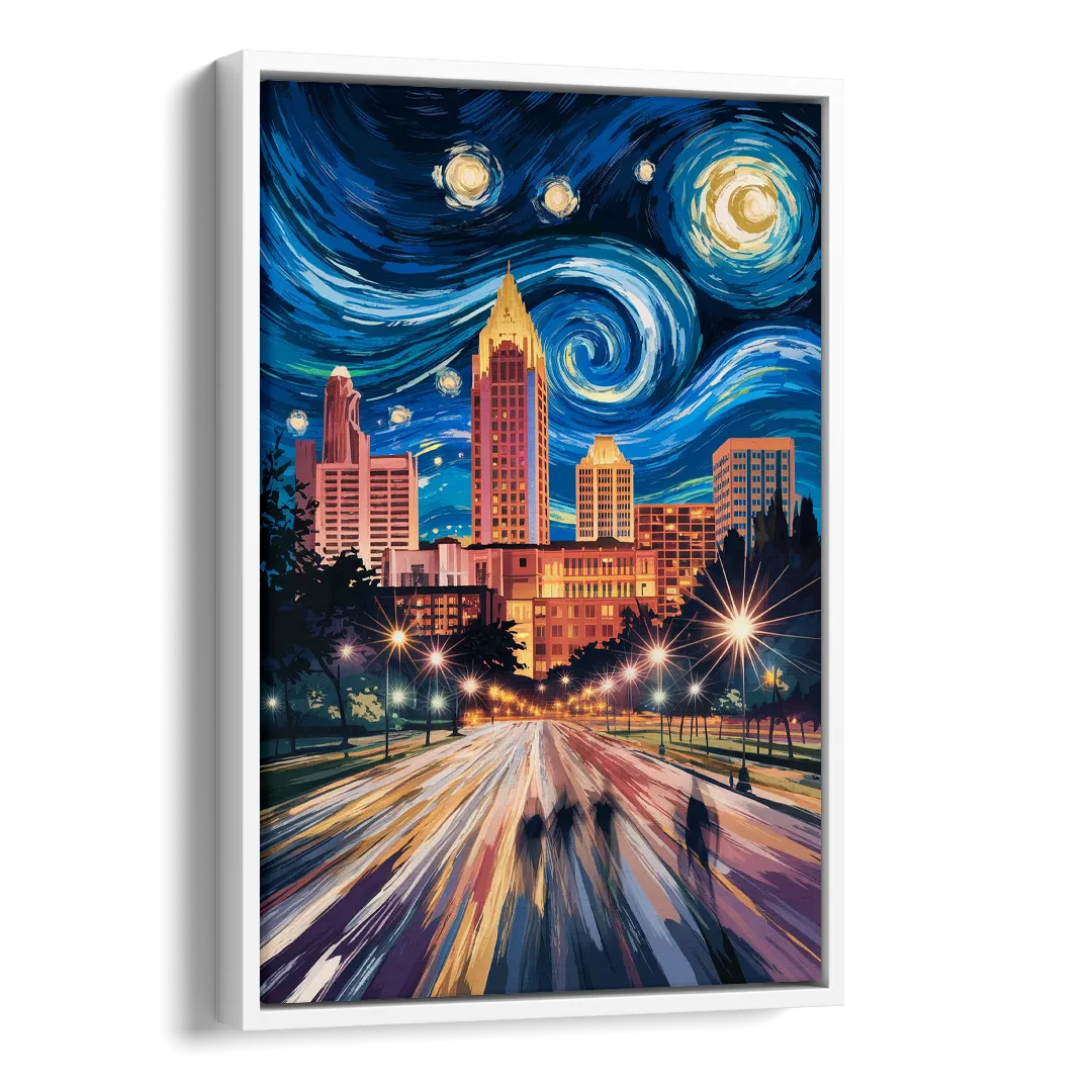 Raleigh Urban Night Lights Side - White Canvas Wall Art