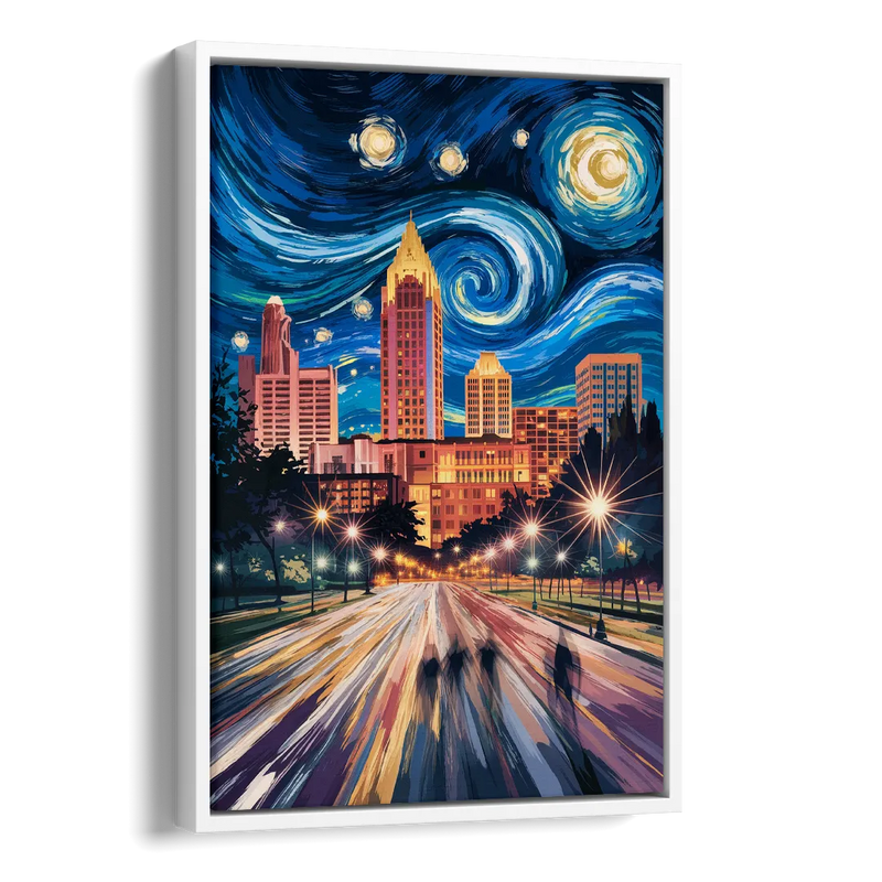 Raleigh Urban Night Lights Side - White Canvas Wall Art