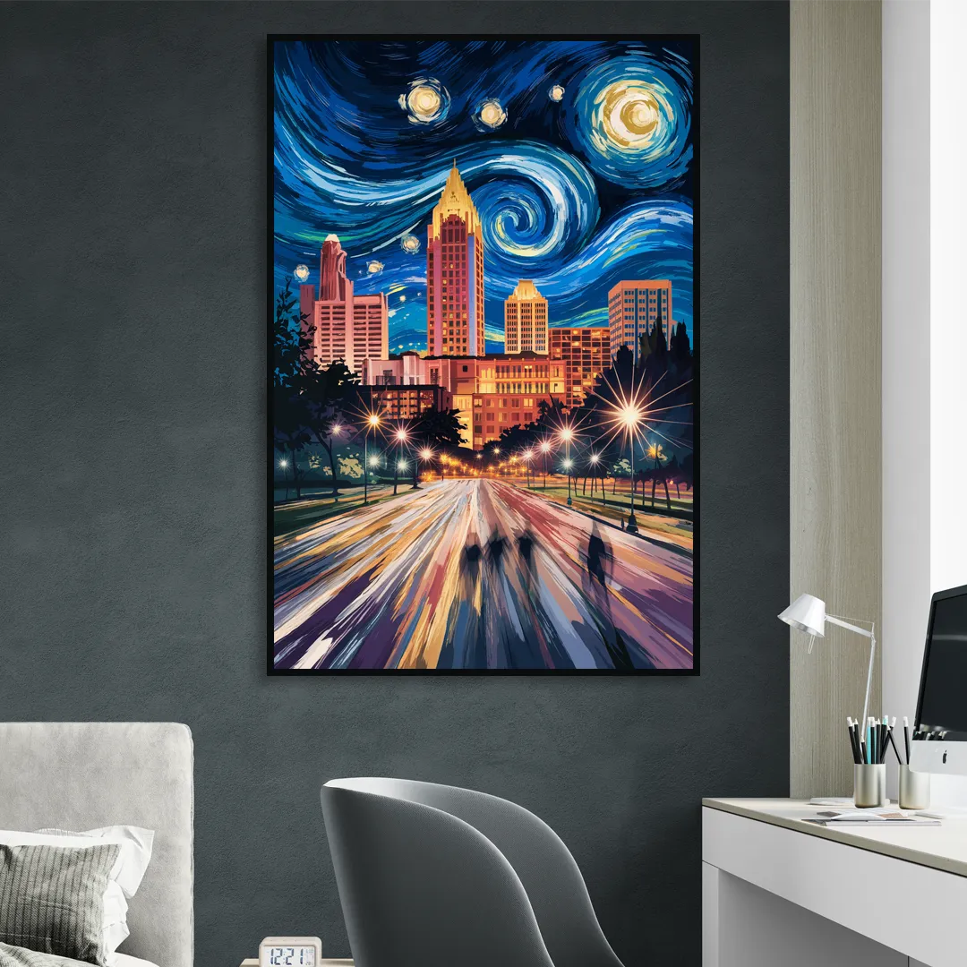 Raleigh Urban Night Lights Living Room - Black Canvas Wall Art