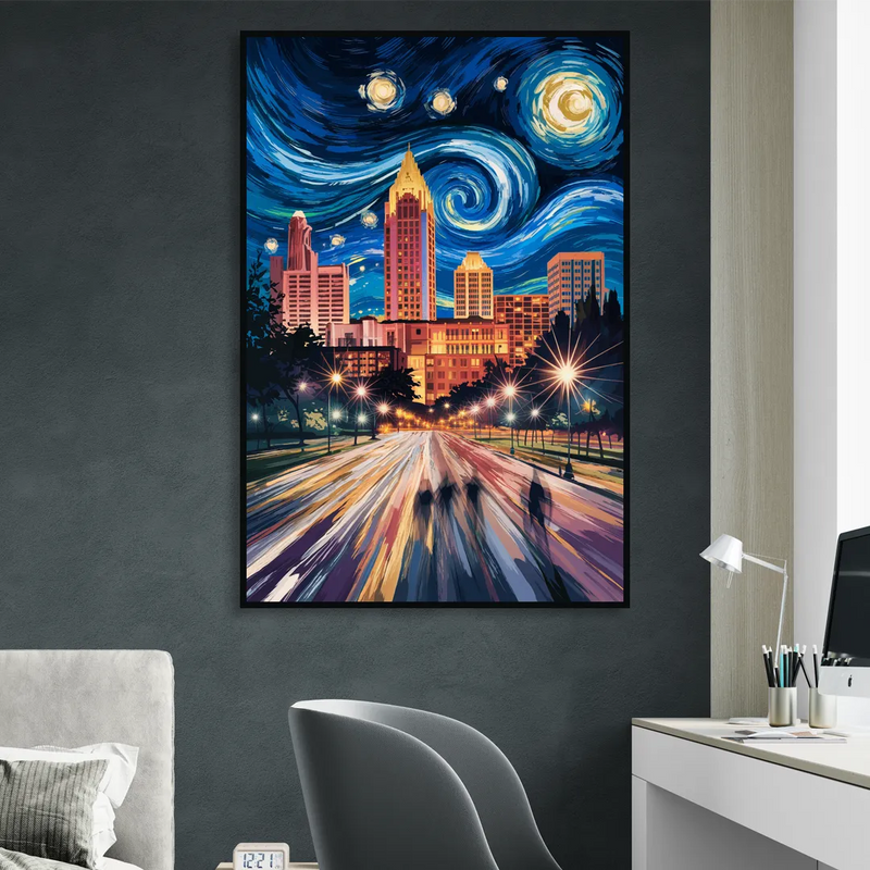 Raleigh Urban Night Lights Living Room - Black Canvas Wall Art