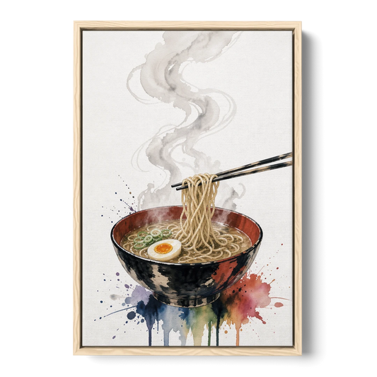 Ramen Bowl with Rising Steam in Splash Watercolor - Oak Framed Canvas Wall Art - Front
