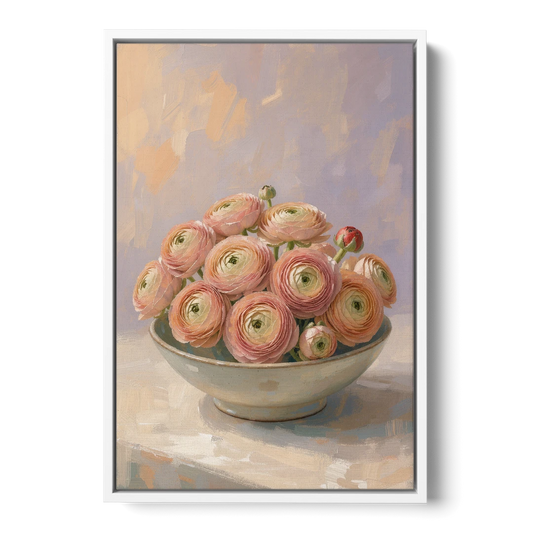 Ranunculus Painting in a Pale Ceramic Bowl - White Framed Canvas Wall Art - Front
