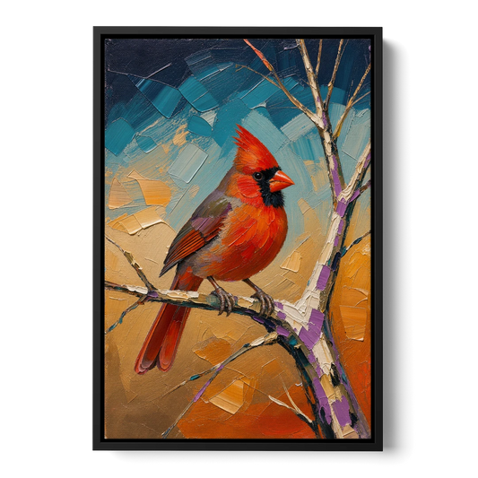 Red Accent Cardinal on a Blue Hour Maple - Black Framed Canvas Wall Art - Front