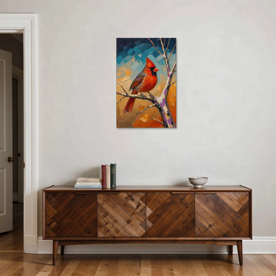 Red Accent Cardinal on a Blue Hour Maple - Canvas Wall Art - Coffee Table - 24x36