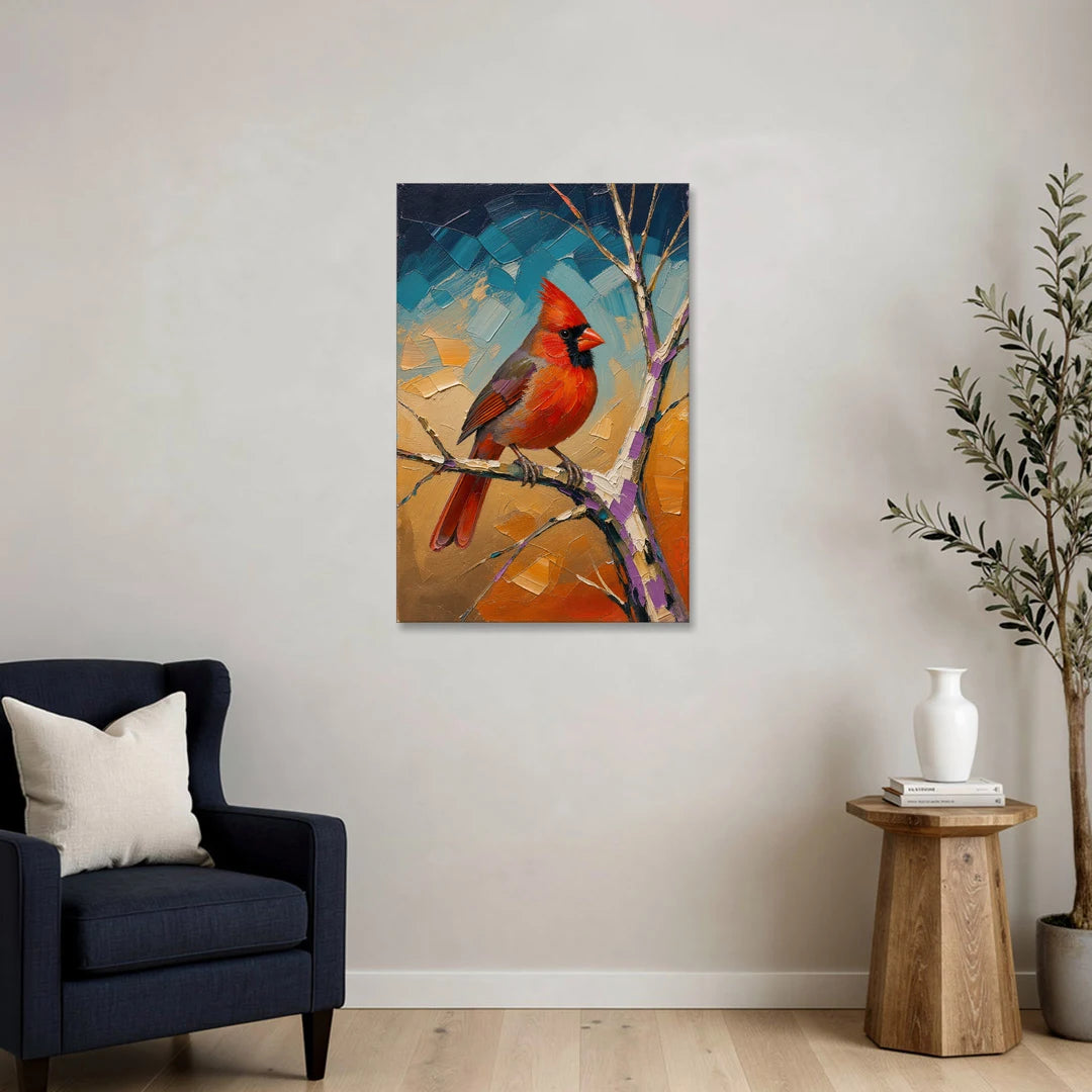 Red Accent Cardinal on a Blue Hour Maple - Canvas Wall Art - Sofa - 24x36
