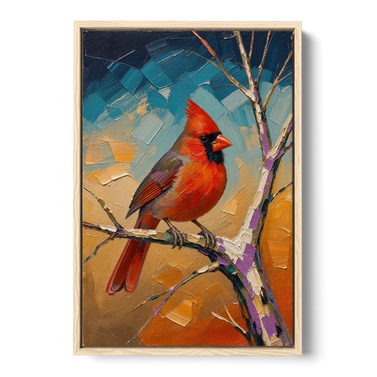 Red Accent Cardinal on a Blue Hour Maple - Oak Framed Canvas Wall Art - Front