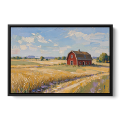 Red Barn Across Golden Grain Fields - Black Framed Canvas Wall Art - Front