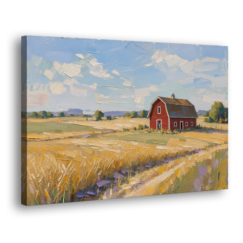 Red Barn Across Golden Grain Fields - Canvas Wall Art - Side